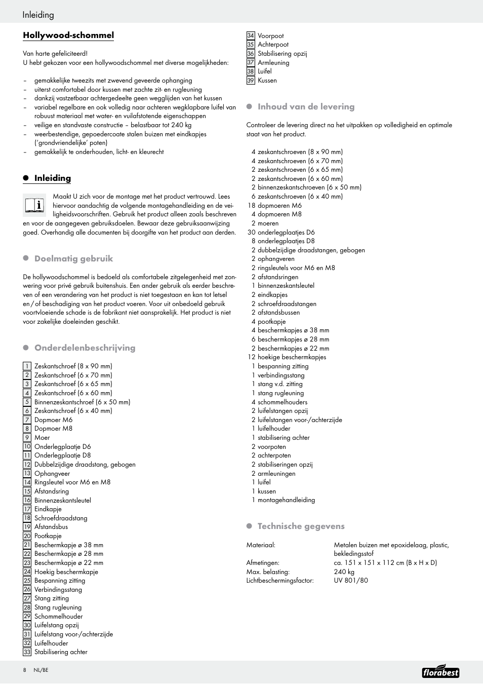 Inleiding, Hollywood-schommel, Doelmatig gebruik | Onderdelenbeschrijving, Inhoud van de levering, Technische gegevens | Florabest Garden Swing User Manual | Page 10 / 19