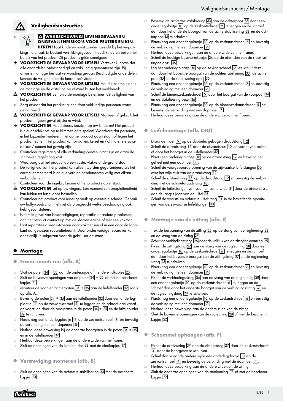 Veiligheidsinstructies / montage, Veiligheidsinstructies, Montage | Frame monteren (afb. a), Versteviging monteren (afb. b), Luifelmontage (afb. c+d), Montage van de zitting (afb. e), Schommel ophangen (afb. f) | Florabest Garden Swing User Manual | Page 11 / 19