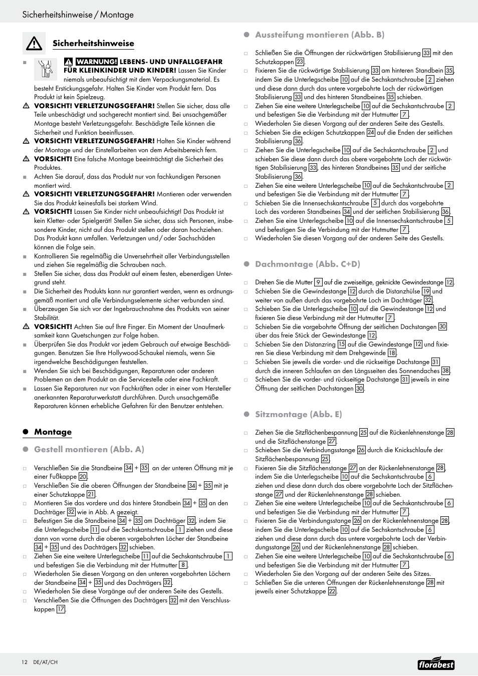 Sicherheitshinweise / montage, Sicherheitshinweise, Montage | Gestell montieren (abb. a), Aussteifung montieren (abb. b), Dachmontage (abb. c+d), Sitzmontage (abb. e) | Florabest Garden Swing User Manual | Page 14 / 19