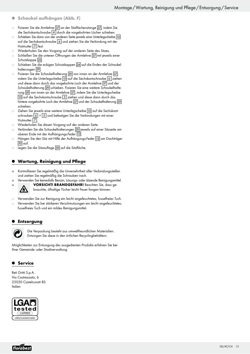 Schaukel aufhängen (abb. f), Wartung, reinigung und pflege, Entsorgung | Service | Florabest Garden Swing User Manual | Page 15 / 19