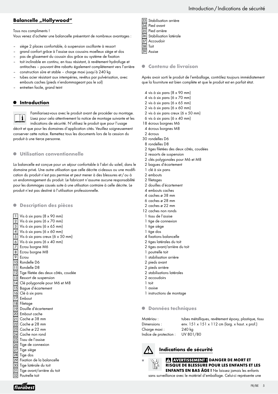 Introduction / indications de sécurité, Balancelle „hollywood, Introduction | Utilisation conventionnelle, Description des pièces, Contenu de livraison, Données techniques, Indications de sécurité | Florabest Garden Swing User Manual | Page 7 / 19
