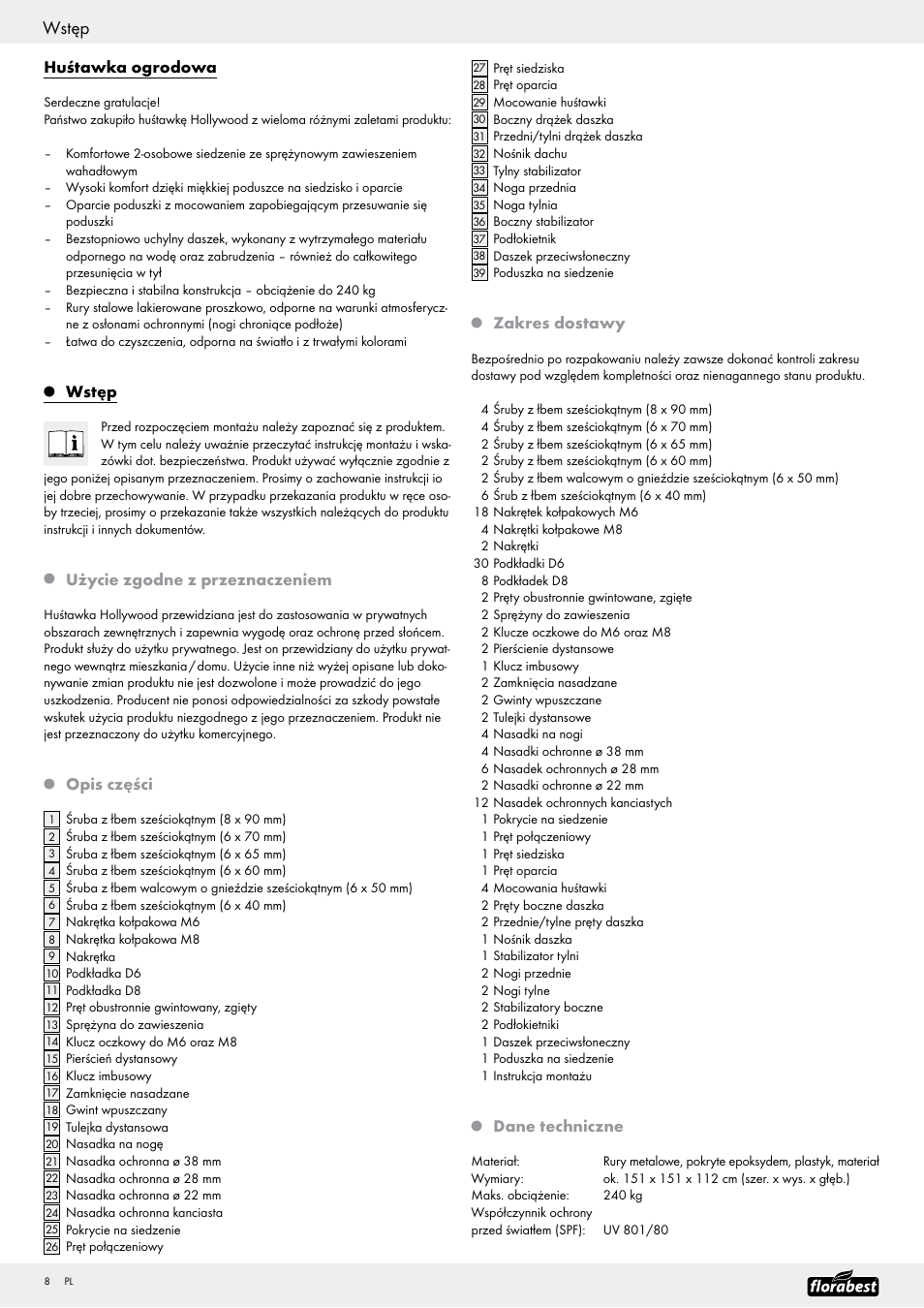 Wstęp, Huśtawka ogrodowa, Użycie zgodne z przeznaczeniem | Opis części, Zakres dostawy, Dane techniczne | Florabest Garden Swing User Manual | Page 10 / 31