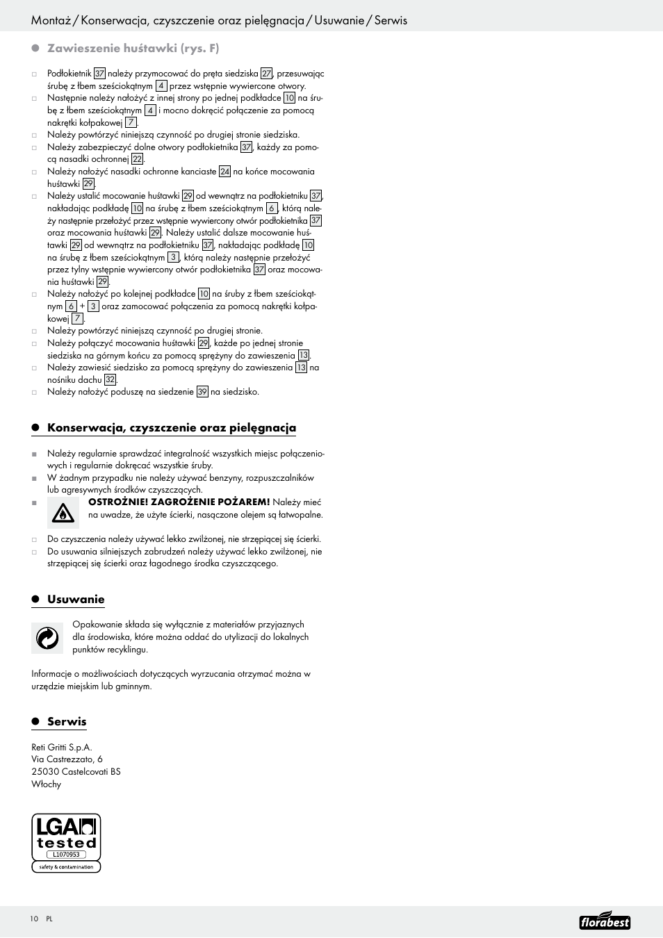 Zawieszenie huśtawki (rys. f), Konserwacja, czyszczenie oraz pielęgnacja, Usuwanie | Serwis | Florabest Garden Swing User Manual | Page 12 / 31