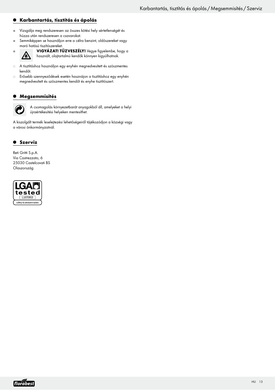 Karbantartás, tisztítás és ápolás, Megsemmisítés, Szerviz | Florabest Garden Swing User Manual | Page 15 / 31