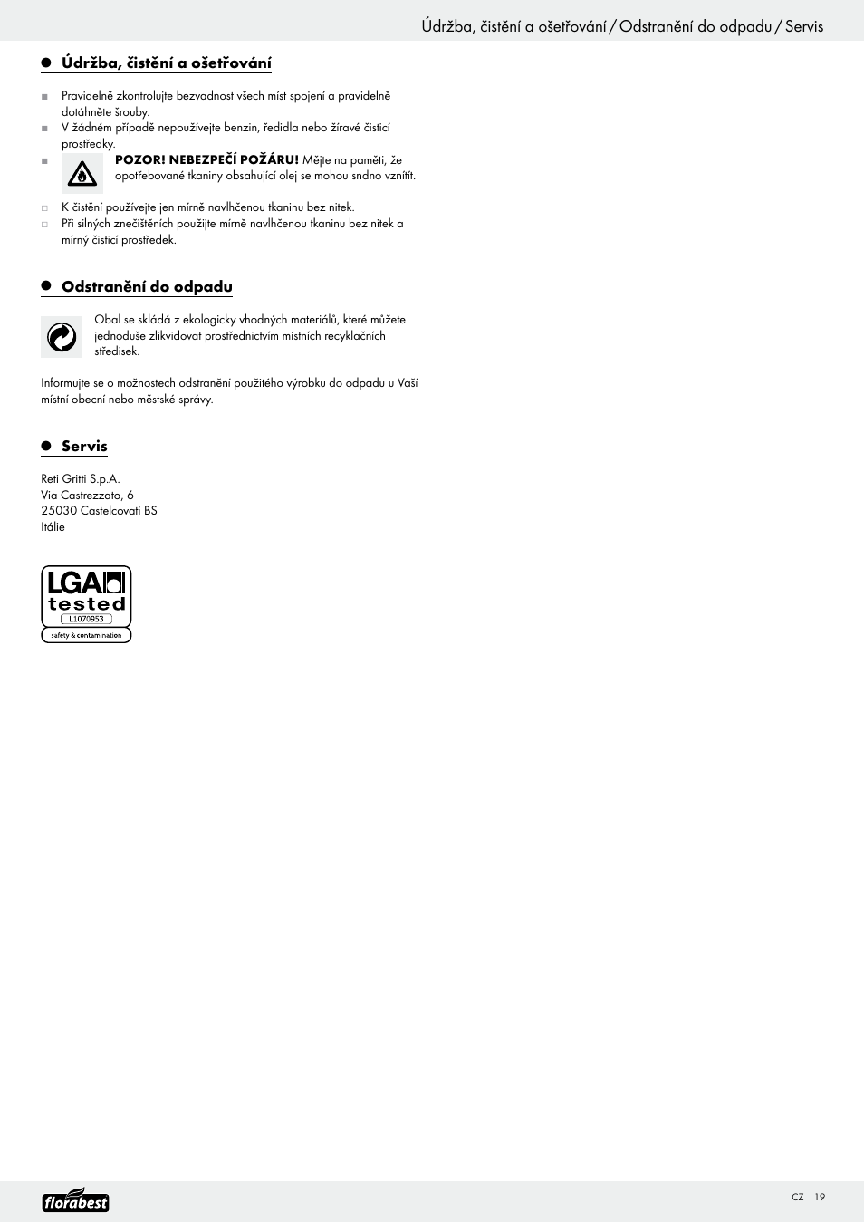 Údržba, čistění a ošetřování, Odstranění do odpadu, Servis | Florabest Garden Swing User Manual | Page 21 / 31