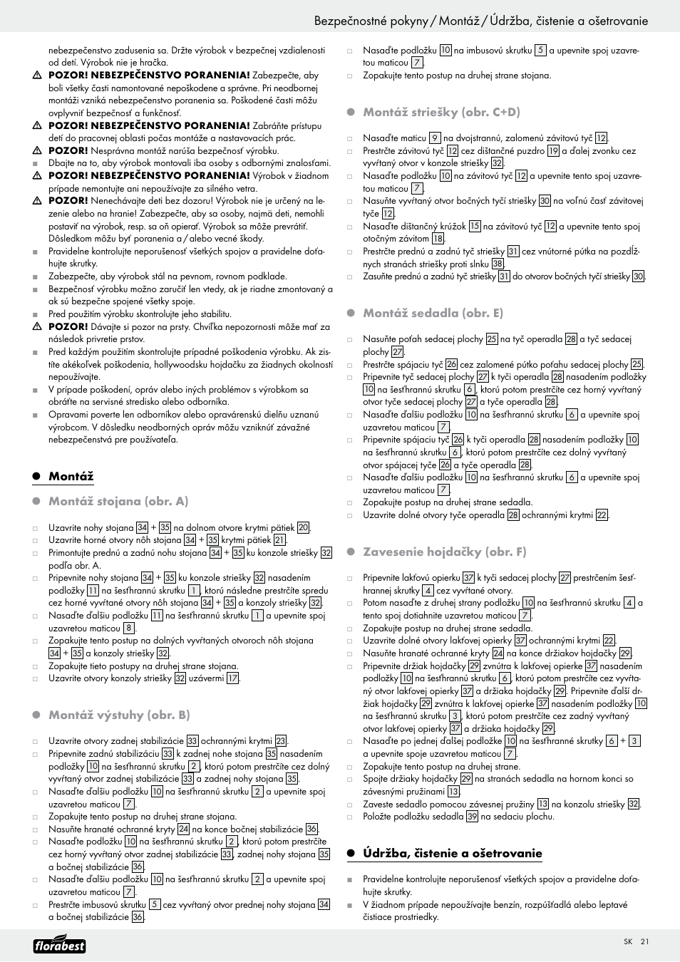 Montáž, Montáž stojana (obr. a), Montáž výstuhy (obr. b) | Montáž striešky (obr. c+d), Montáž sedadla (obr. e), Zavesenie hojdačky (obr. f), Údržba, čistenie a ošetrovanie | Florabest Garden Swing User Manual | Page 23 / 31