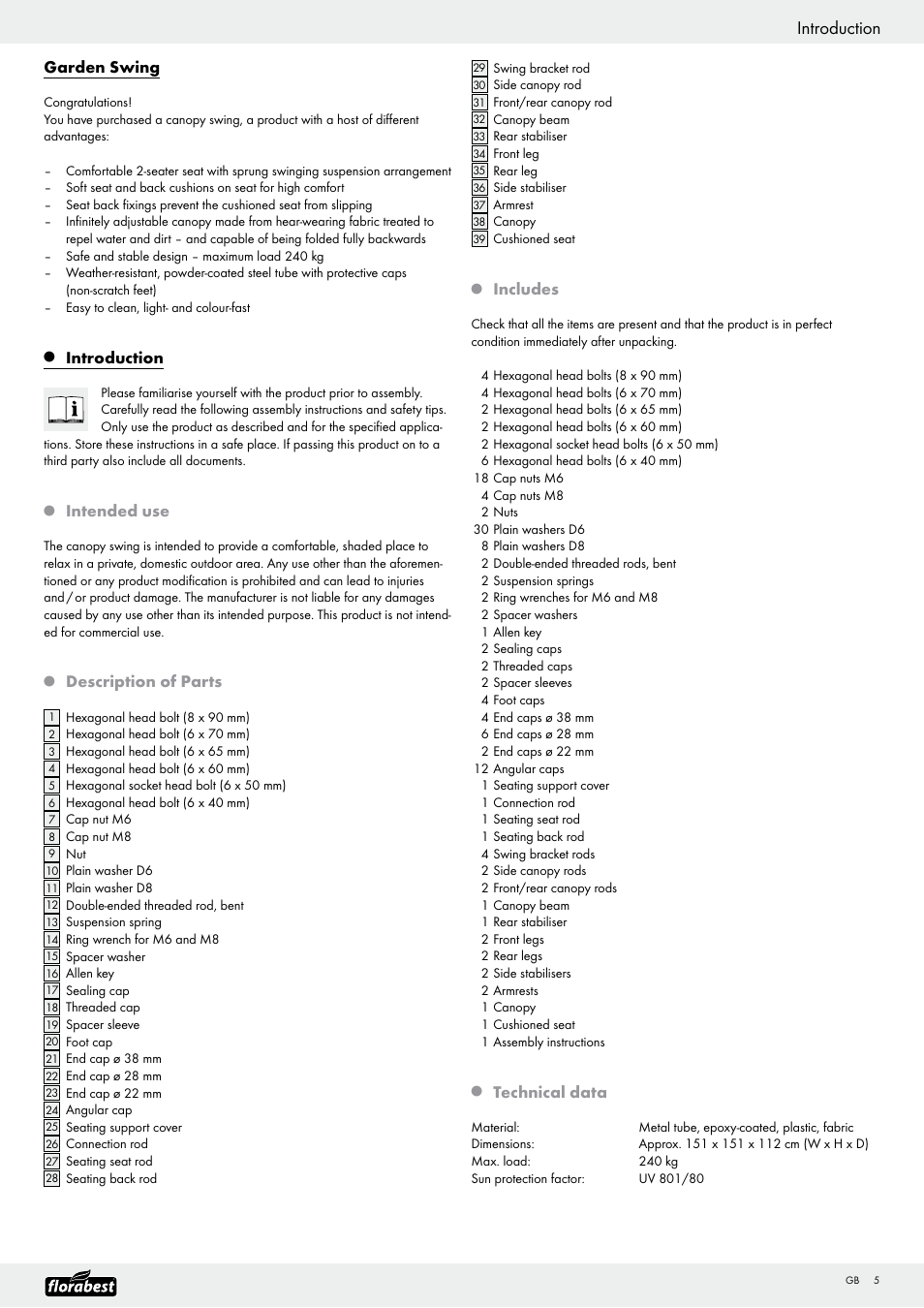 Introduction, Garden swing, Intended use | Description of parts, Includes, Technical data | Florabest Garden Swing User Manual | Page 7 / 31