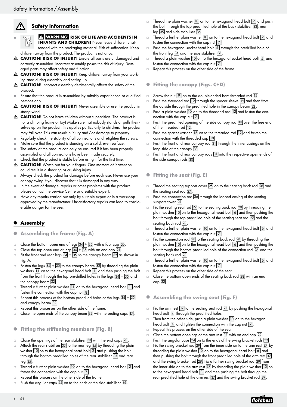 Safety information / assembly, Safety information, Assembly | Assembling the frame (fig. a), Fitting the stiffening members (fig. b), Fitting the canopy (figs. c+d), Fitting the seat (fig. e), Assembling the swing seat (fig. f) | Florabest Garden Swing User Manual | Page 8 / 31