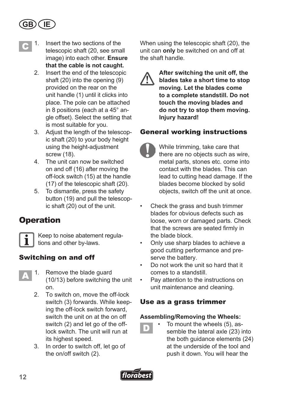 Operation, Gb ie | Florabest FGS 10 A1 User Manual | Page 12 / 18