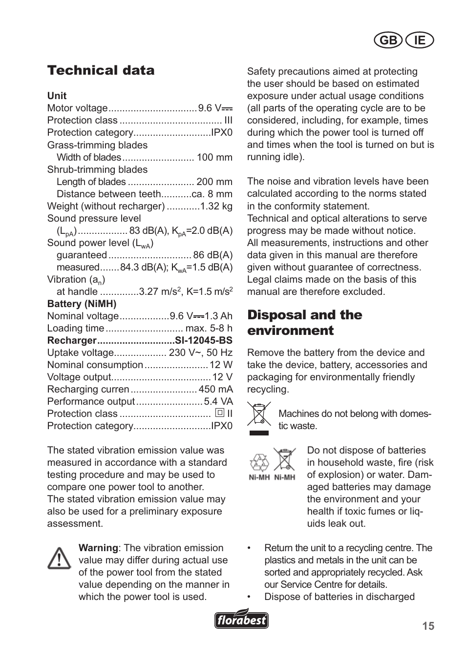 Technical data, Disposal and the environment, Gb ie | Florabest FGS 10 A1 User Manual | Page 15 / 18