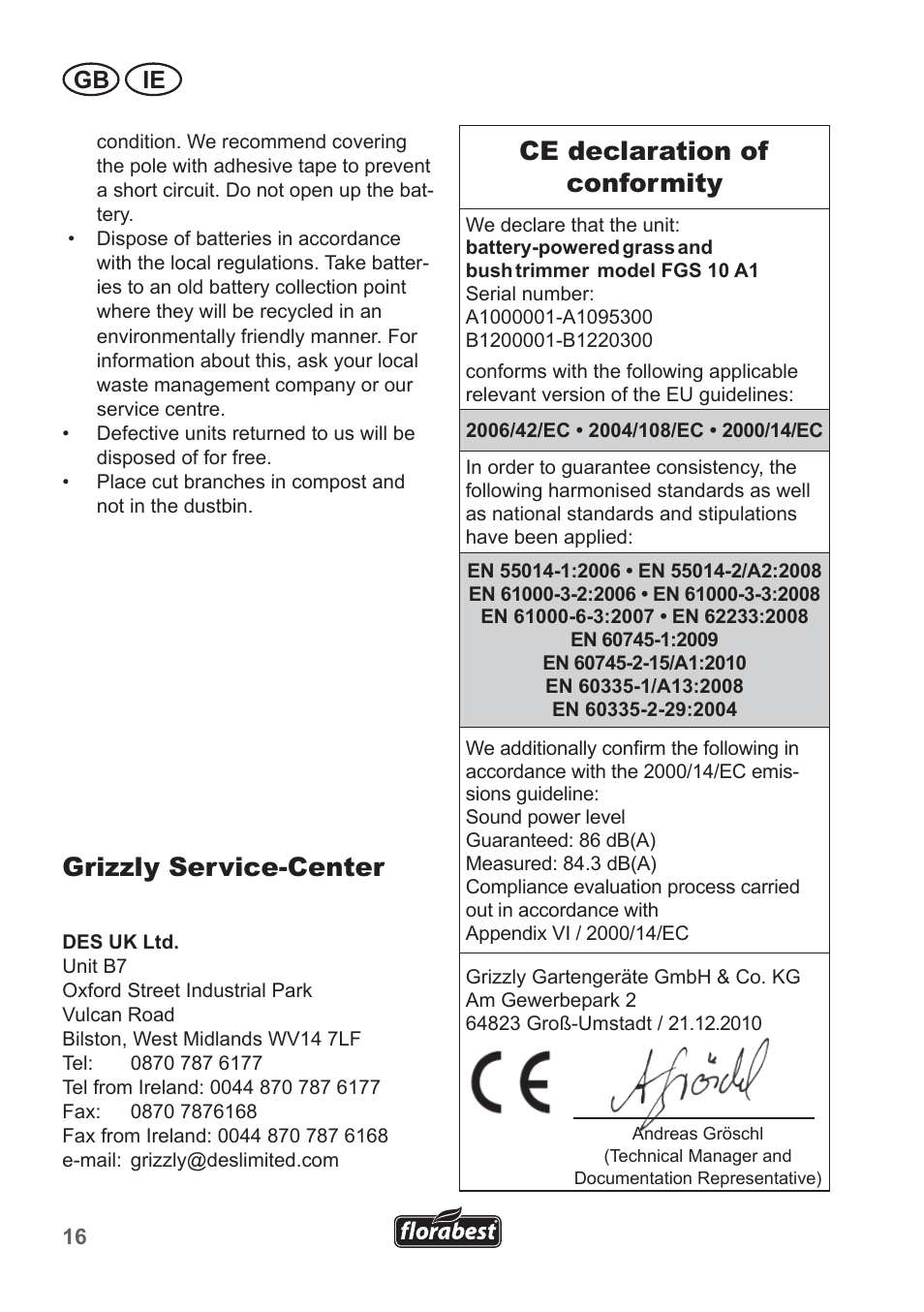 Grizzly service-center, Ce declaration of conformity, Gb ie | Florabest FGS 10 A1 User Manual | Page 16 / 18