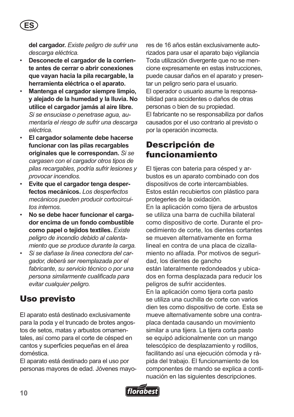 Uso previsto, Descripción de funcionamiento | Florabest FGS 10 A1 User Manual | Page 10 / 78