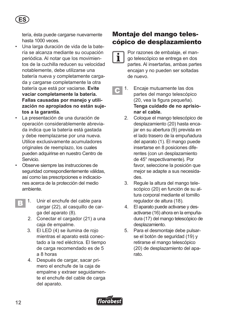 Montaje del mango teles- cópico de desplazamiento | Florabest FGS 10 A1 User Manual | Page 12 / 78