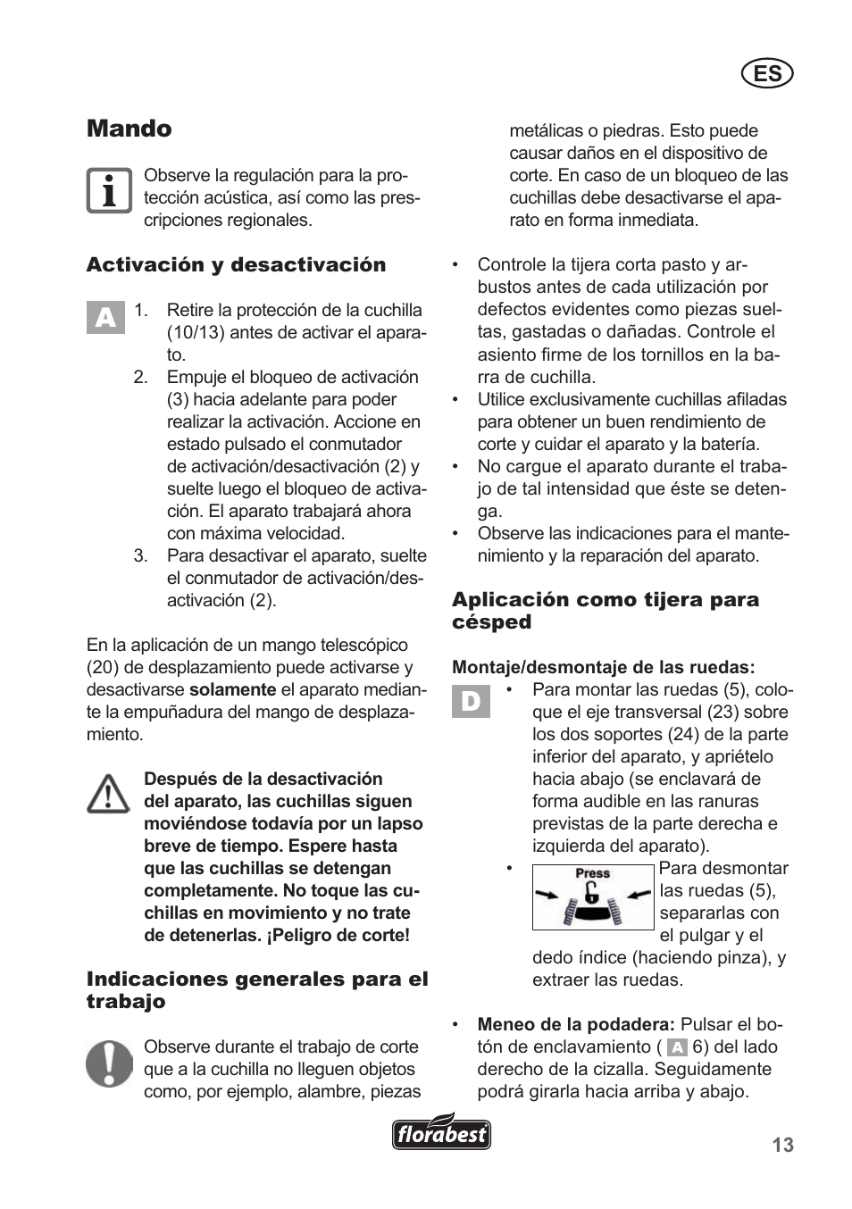 Mando | Florabest FGS 10 A1 User Manual | Page 13 / 78
