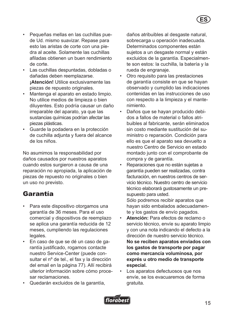 Garantía | Florabest FGS 10 A1 User Manual | Page 15 / 78
