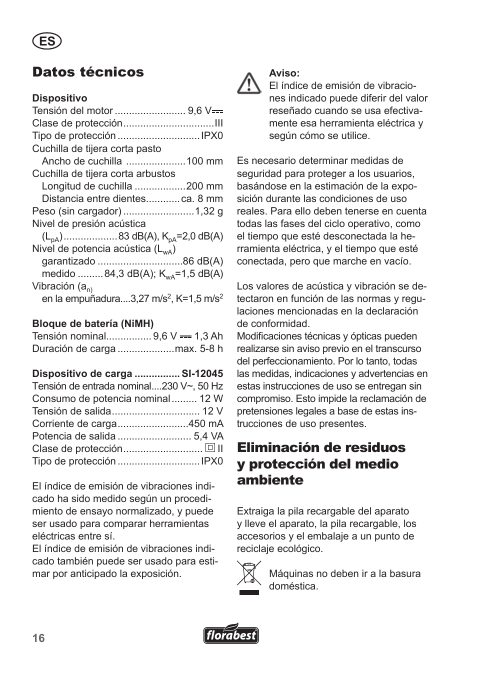 Datos técnicos | Florabest FGS 10 A1 User Manual | Page 16 / 78