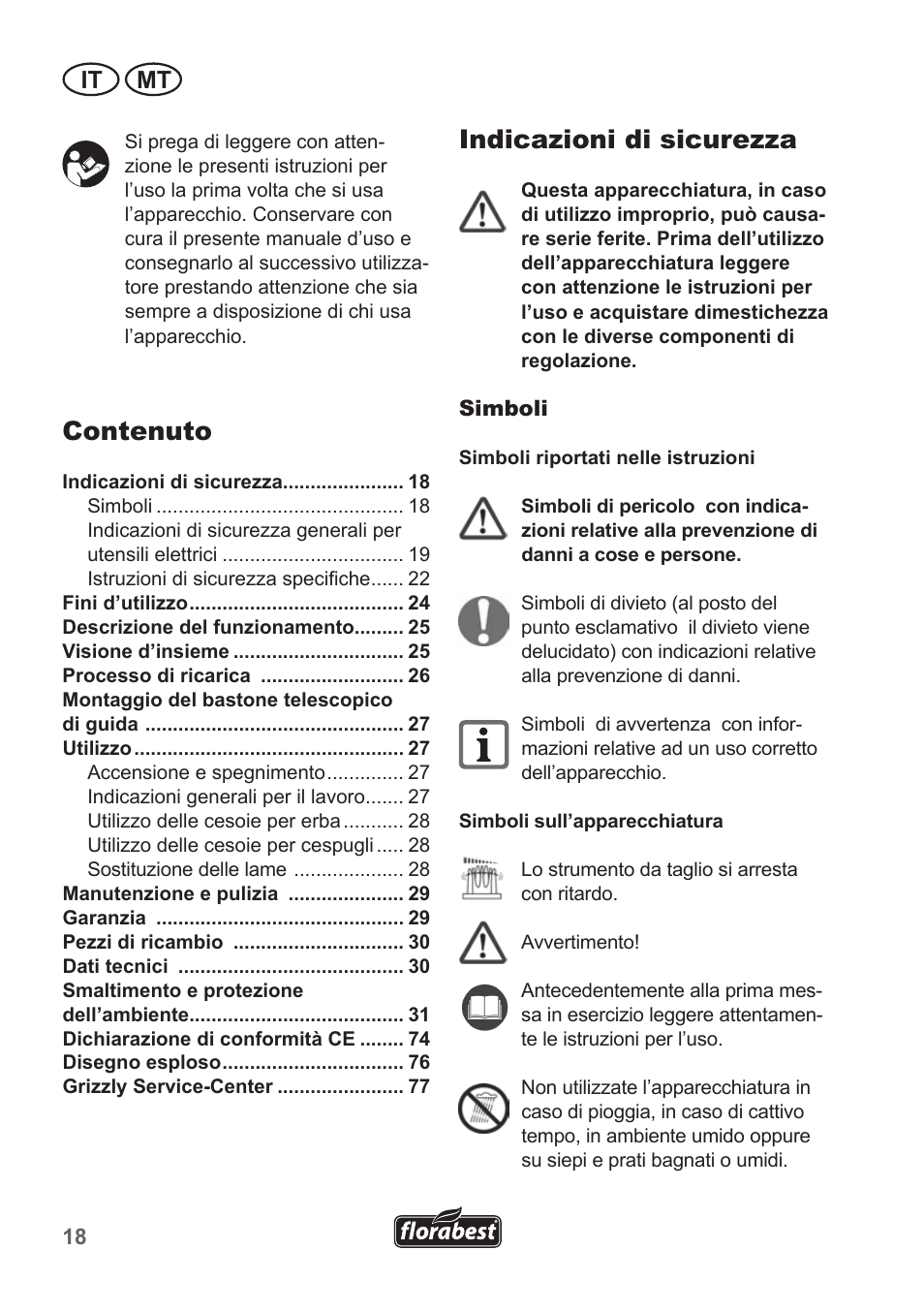 Indicazioni di sicurezza, Contenuto, It mt | Florabest FGS 10 A1 User Manual | Page 18 / 78