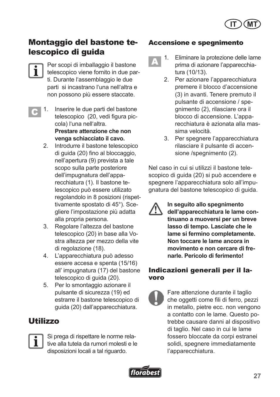 Montaggio del bastone te- lescopico di guida, Utilizzo, It mt | Florabest FGS 10 A1 User Manual | Page 27 / 78