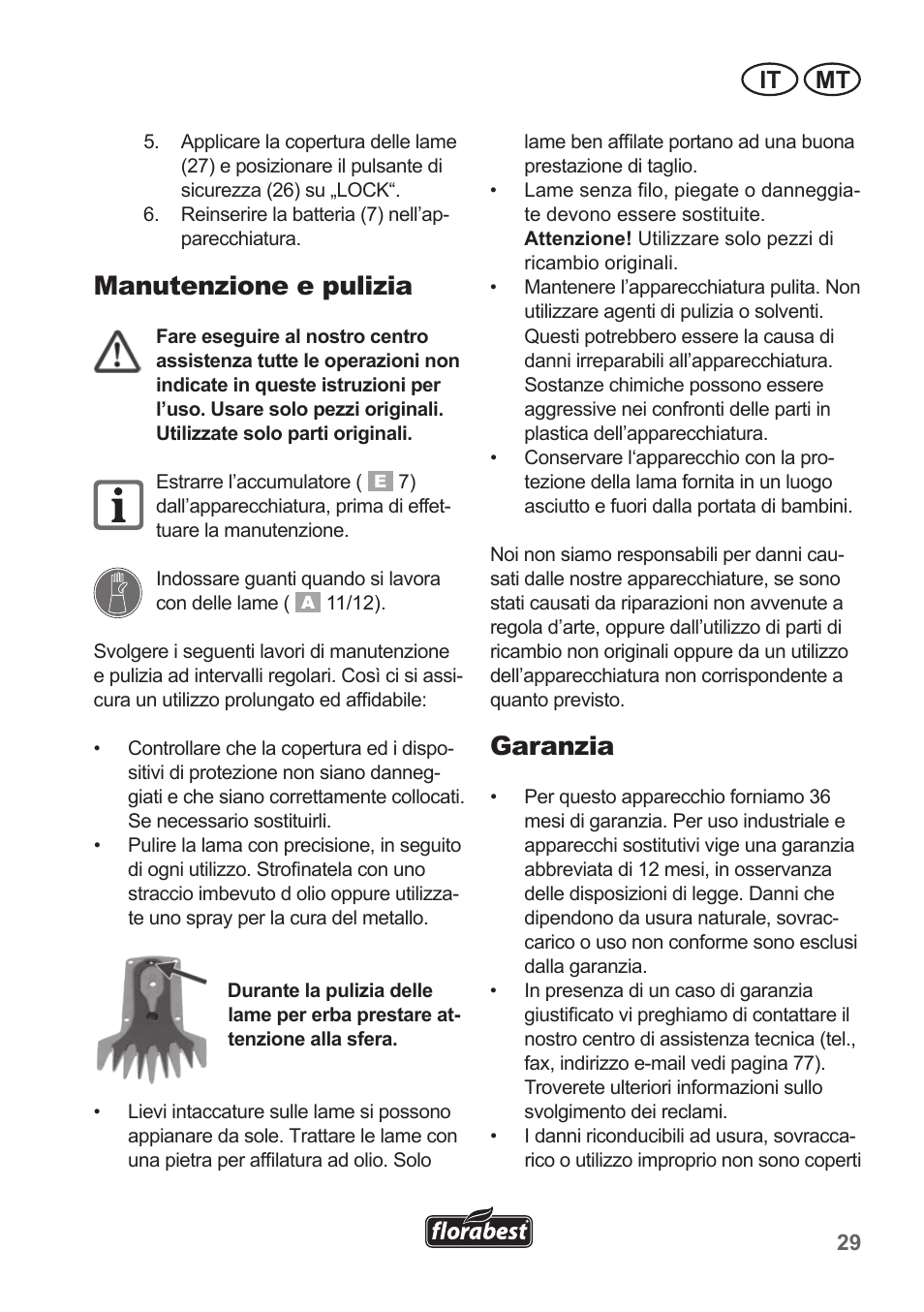 Manutenzione e pulizia, Garanzia, It mt | Florabest FGS 10 A1 User Manual | Page 29 / 78
