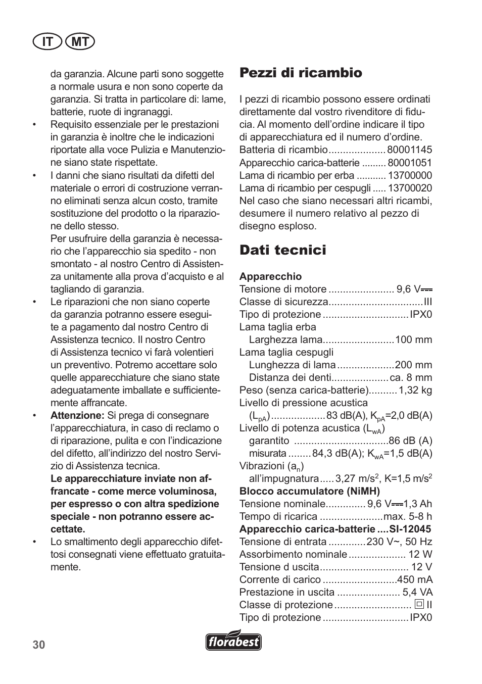 Pezzi di ricambio, Dati tecnici, It mt | Florabest FGS 10 A1 User Manual | Page 30 / 78