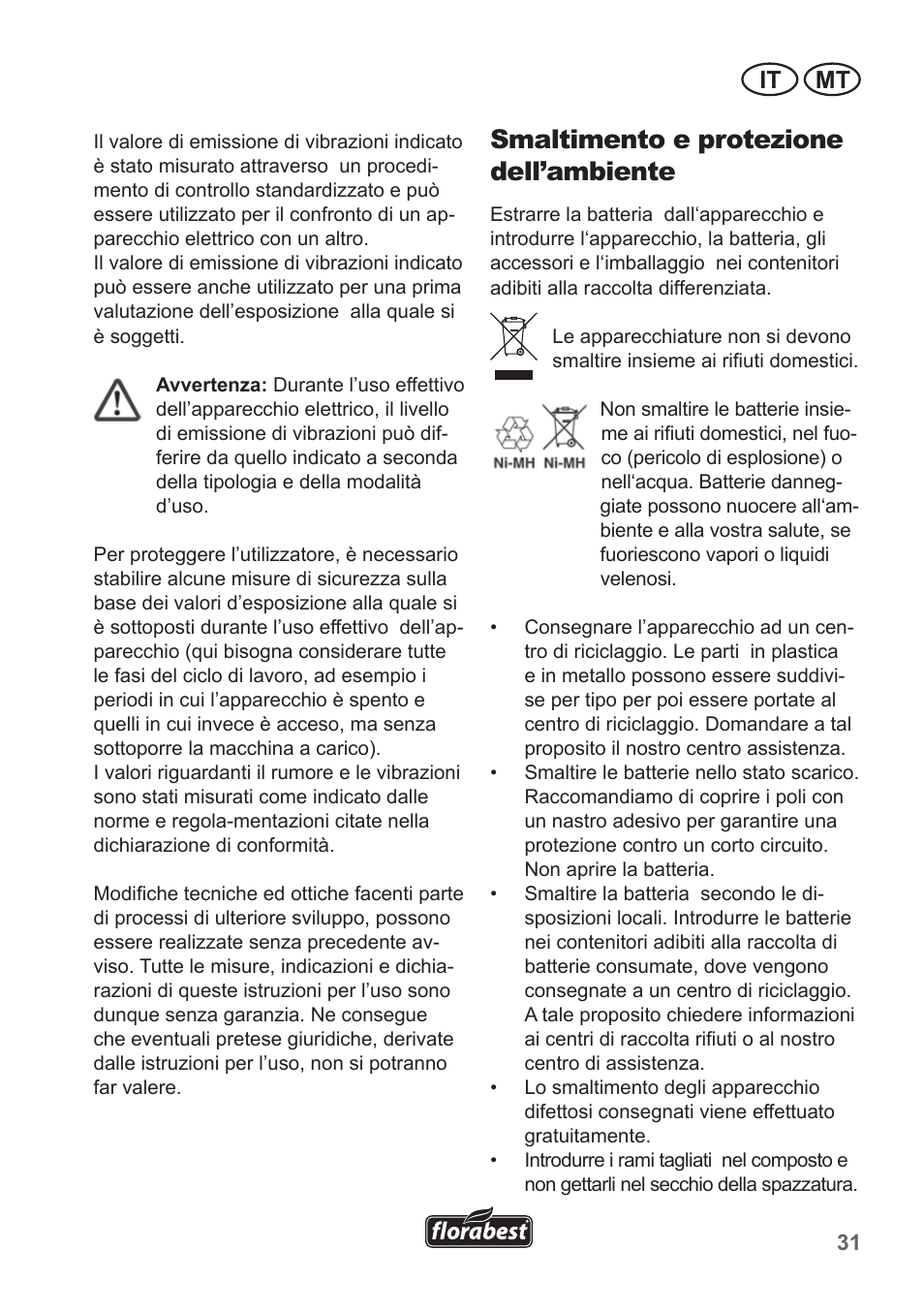 Smaltimento e protezione dell’ambiente, It mt | Florabest FGS 10 A1 User Manual | Page 31 / 78