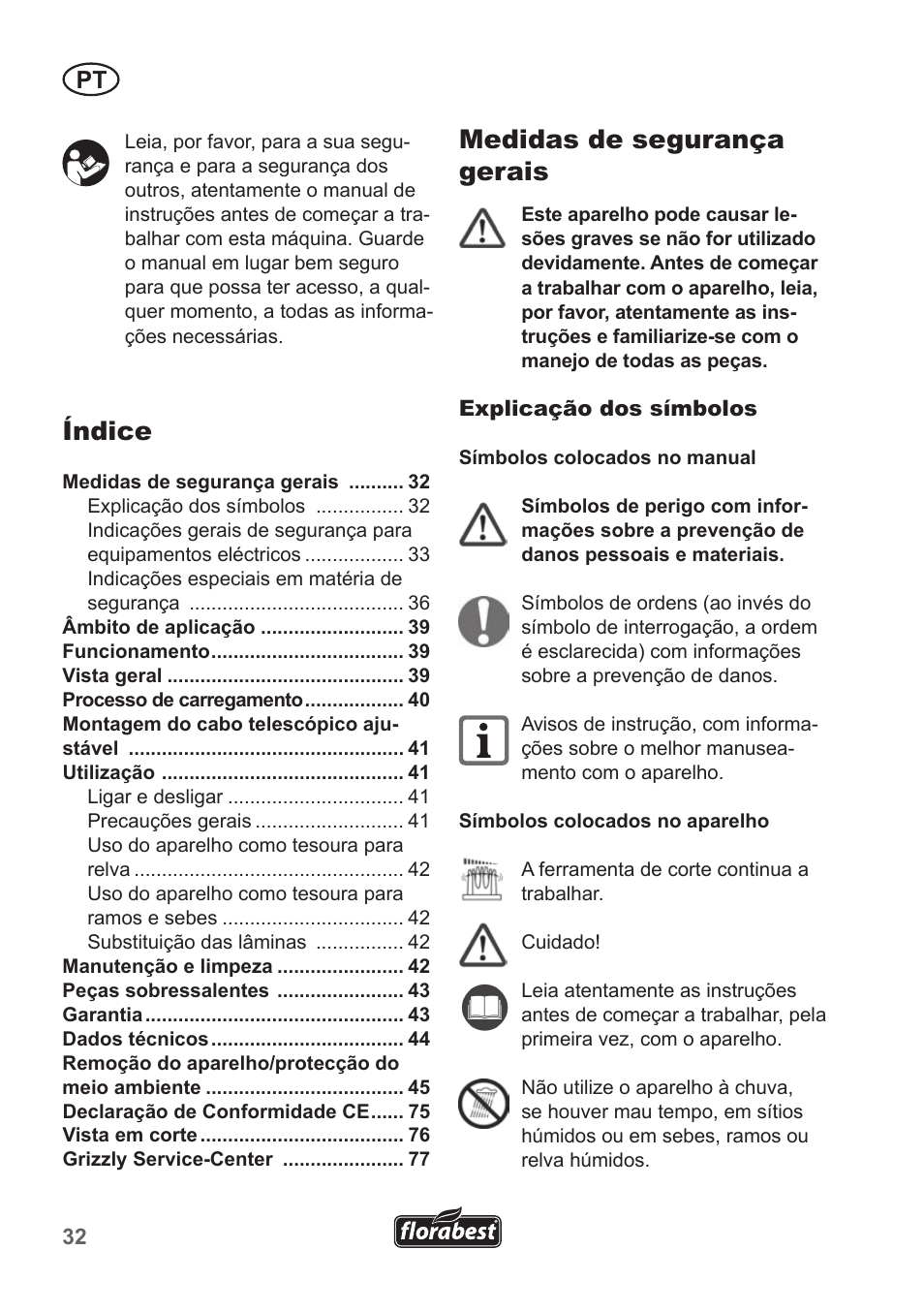Medidas de segurança gerais, Índice | Florabest FGS 10 A1 User Manual | Page 32 / 78