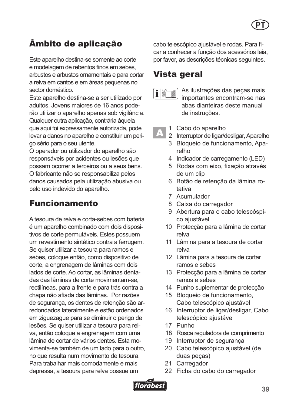 Âmbito de aplicação, Funcionamento, Vista geral | Florabest FGS 10 A1 User Manual | Page 39 / 78