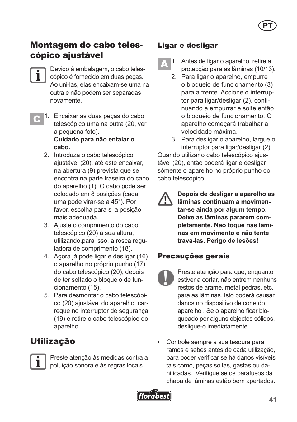 Montagem do cabo teles- cópico ajustável, Utilização | Florabest FGS 10 A1 User Manual | Page 41 / 78