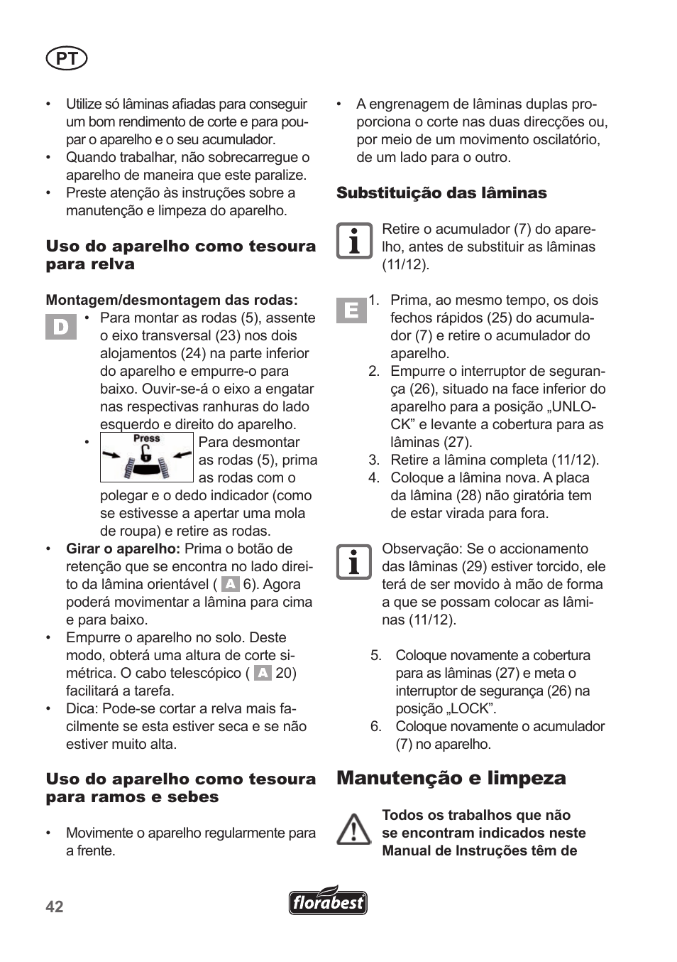 Manutenção e limpeza | Florabest FGS 10 A1 User Manual | Page 42 / 78