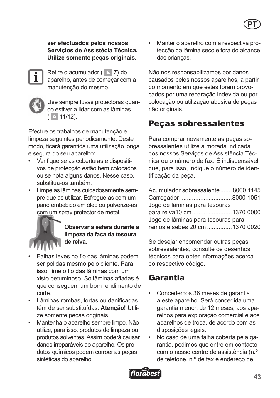 Peças sobressalentes, Garantia | Florabest FGS 10 A1 User Manual | Page 43 / 78