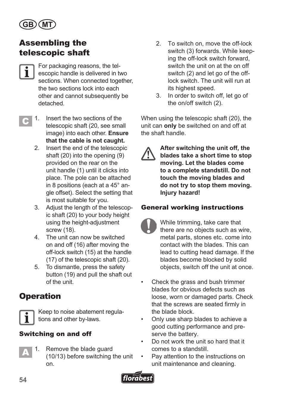 Assembling the telescopic shaft, Operation, Gb mt | Florabest FGS 10 A1 User Manual | Page 54 / 78