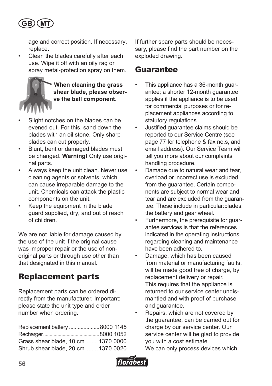Replacement parts, Guarantee, Gb mt | Florabest FGS 10 A1 User Manual | Page 56 / 78