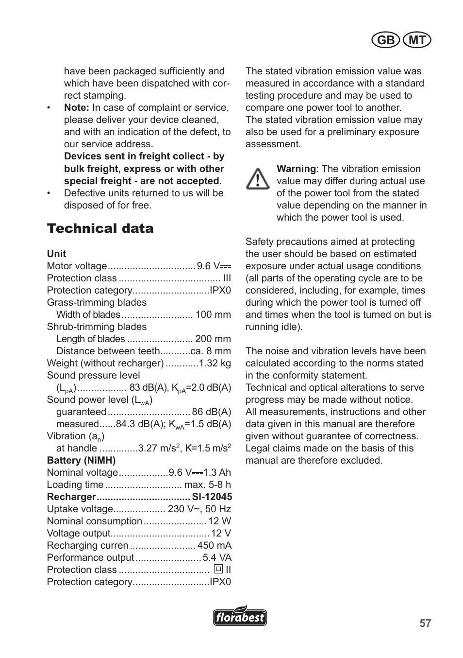 Technical data, Gb mt | Florabest FGS 10 A1 User Manual | Page 57 / 78