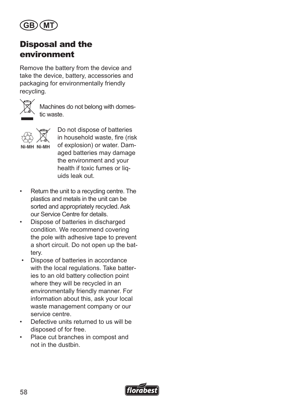 Disposal and the environment, Gb mt | Florabest FGS 10 A1 User Manual | Page 58 / 78