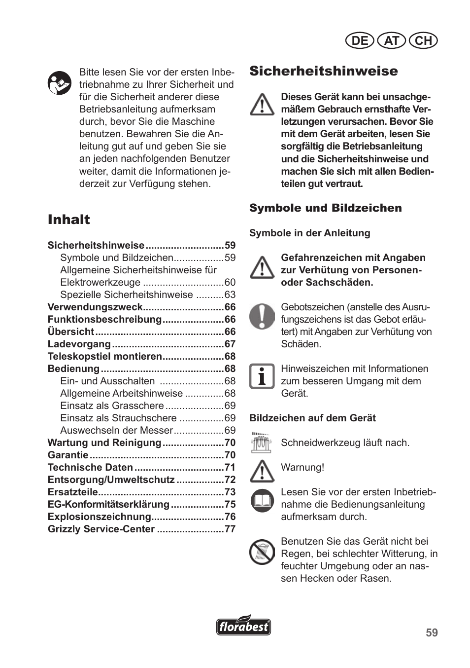 Sicherheitshinweise, Inhalt, De at ch | Florabest FGS 10 A1 User Manual | Page 59 / 78
