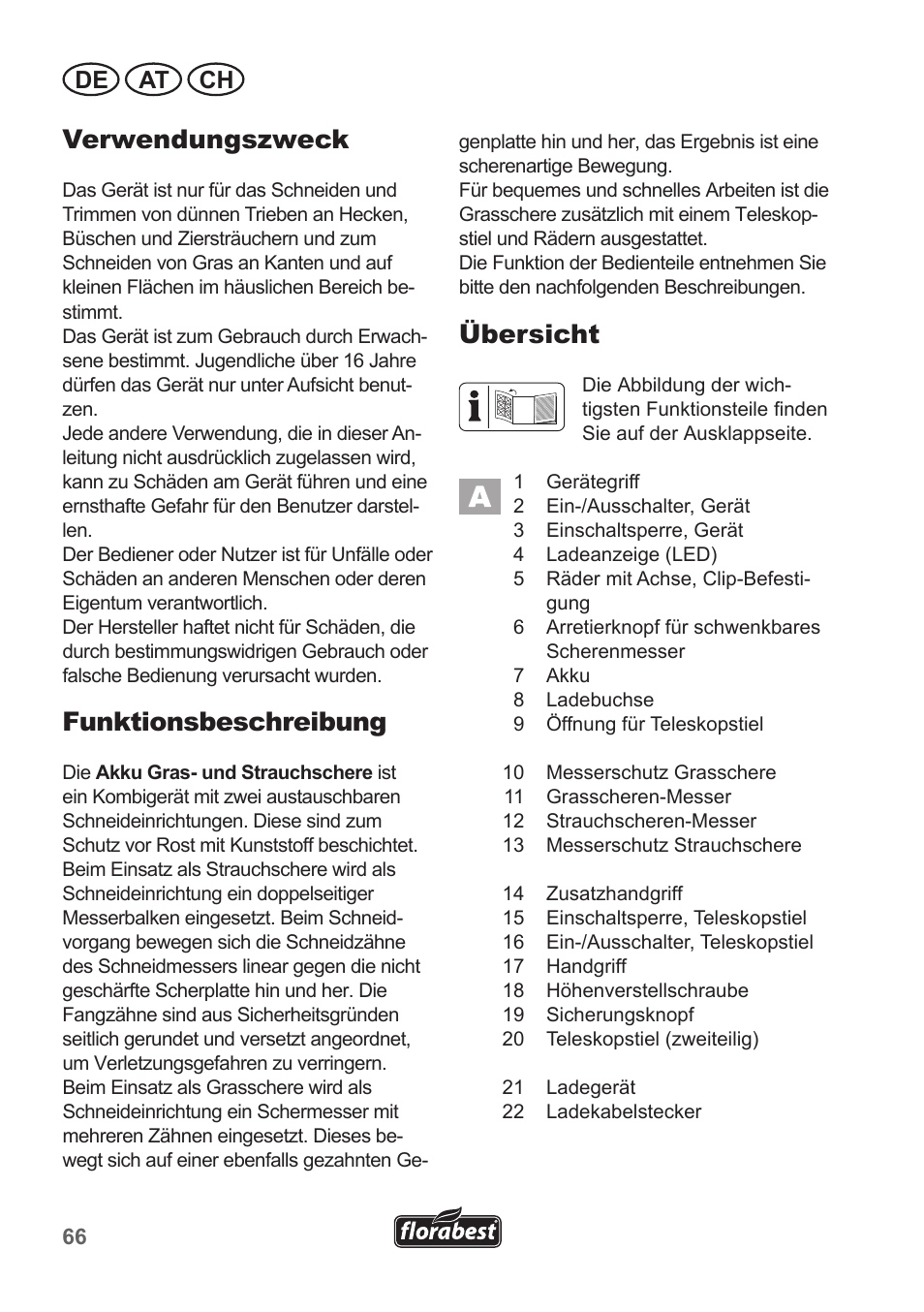 Verwendungszweck, Funktionsbeschreibung, Übersicht | De at ch | Florabest FGS 10 A1 User Manual | Page 66 / 78