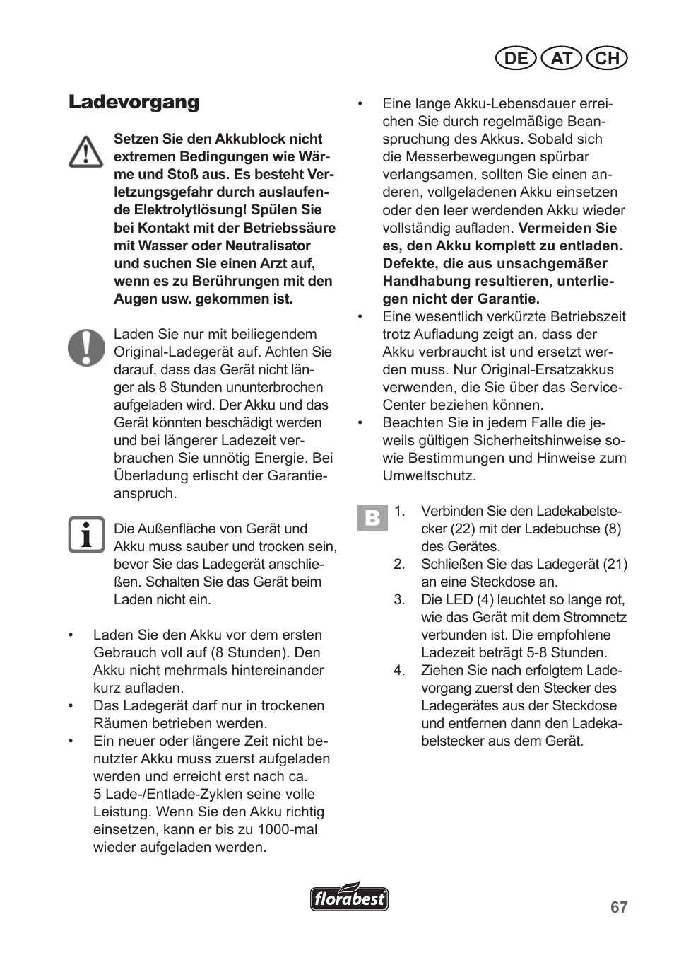 Ladevorgang, De at ch | Florabest FGS 10 A1 User Manual | Page 67 / 78
