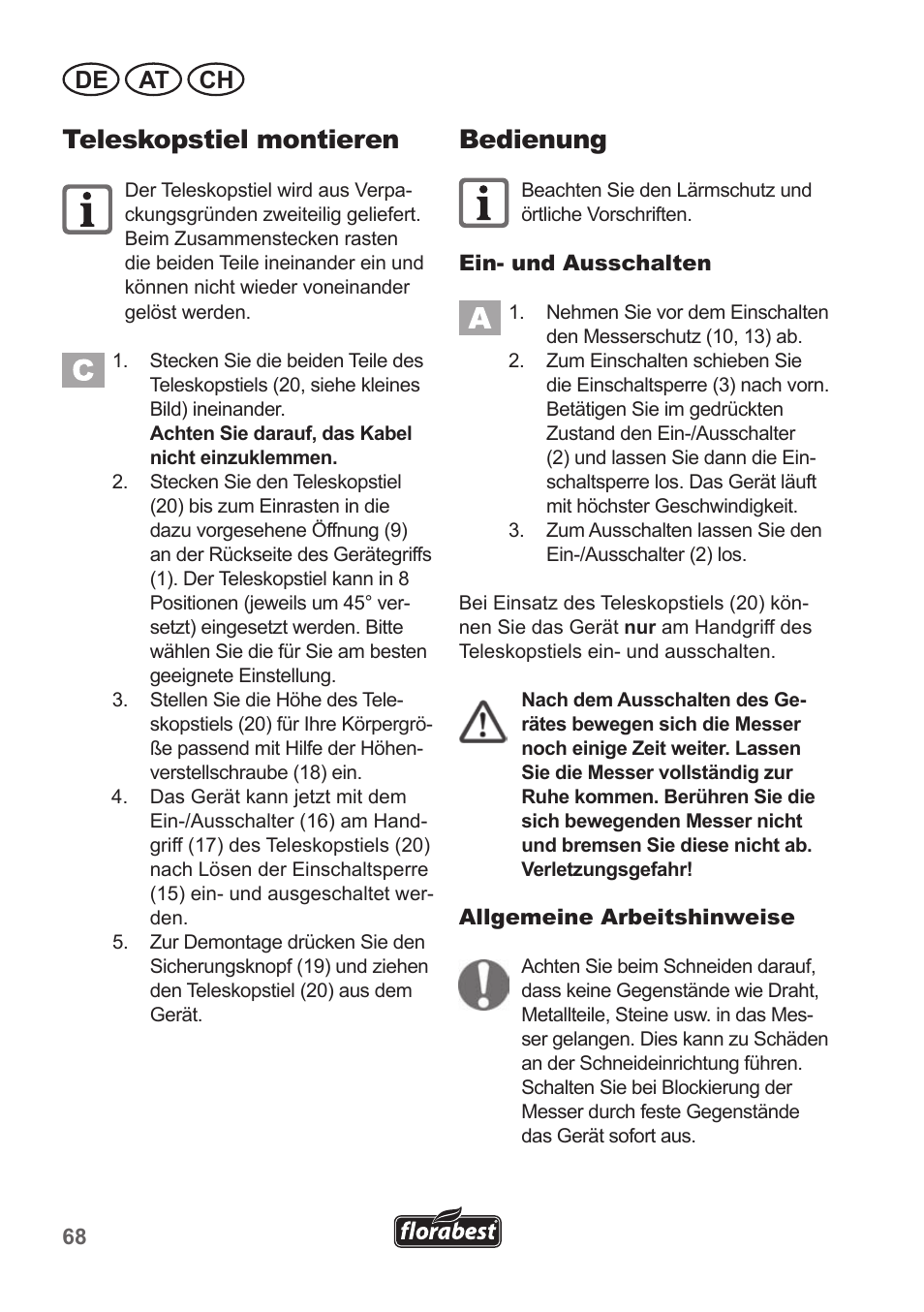 Teleskopstiel montieren, Bedienung, De at ch | Florabest FGS 10 A1 User Manual | Page 68 / 78