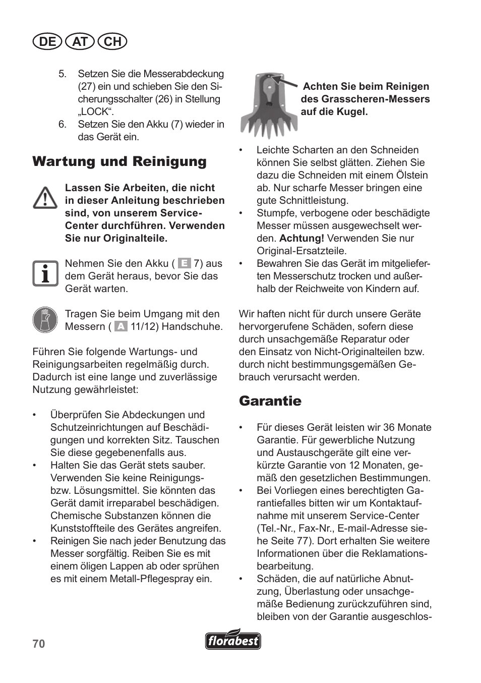Wartung und reinigung, Garantie, De at ch | Florabest FGS 10 A1 User Manual | Page 70 / 78