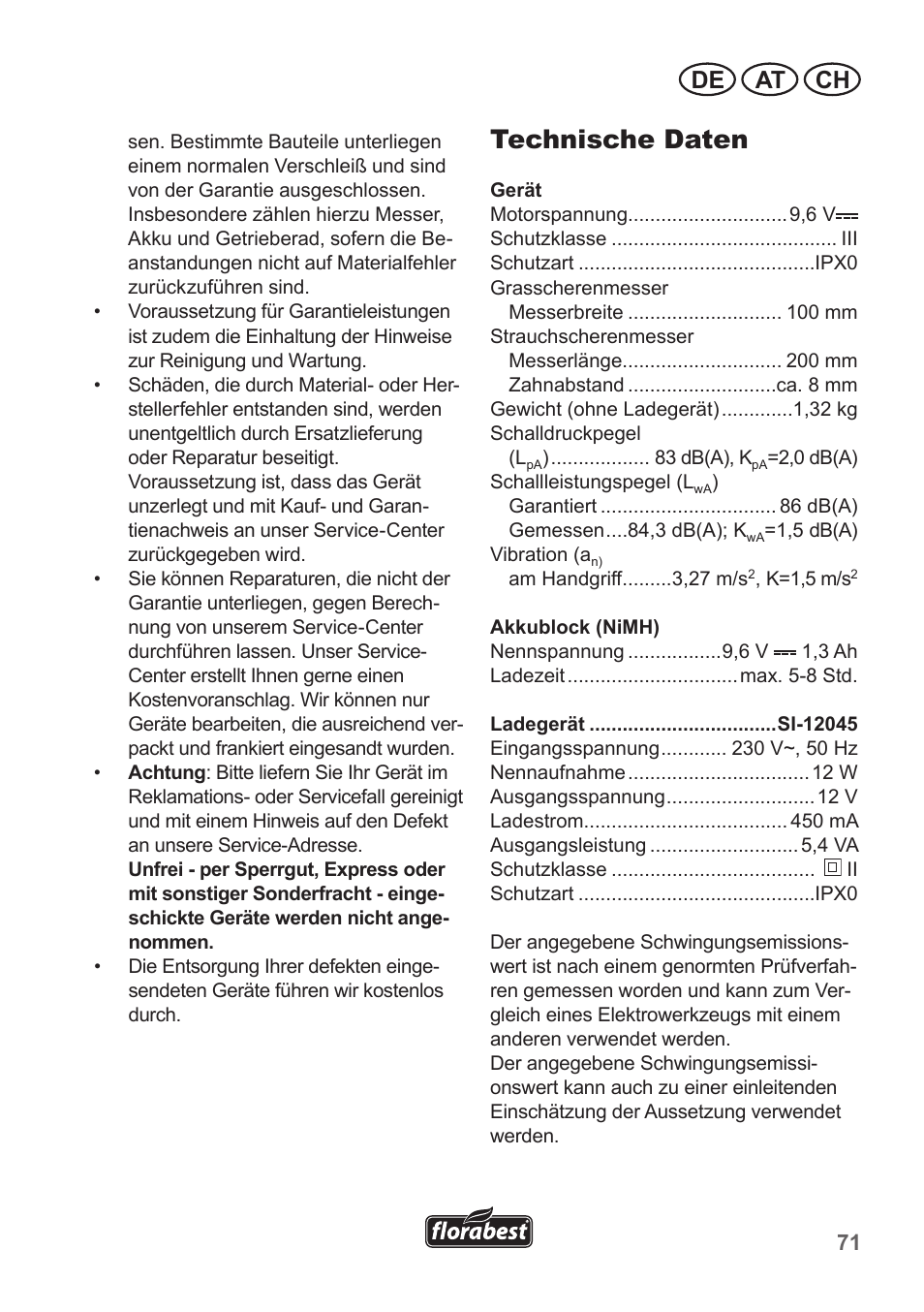 Technische daten, De at ch | Florabest FGS 10 A1 User Manual | Page 71 / 78
