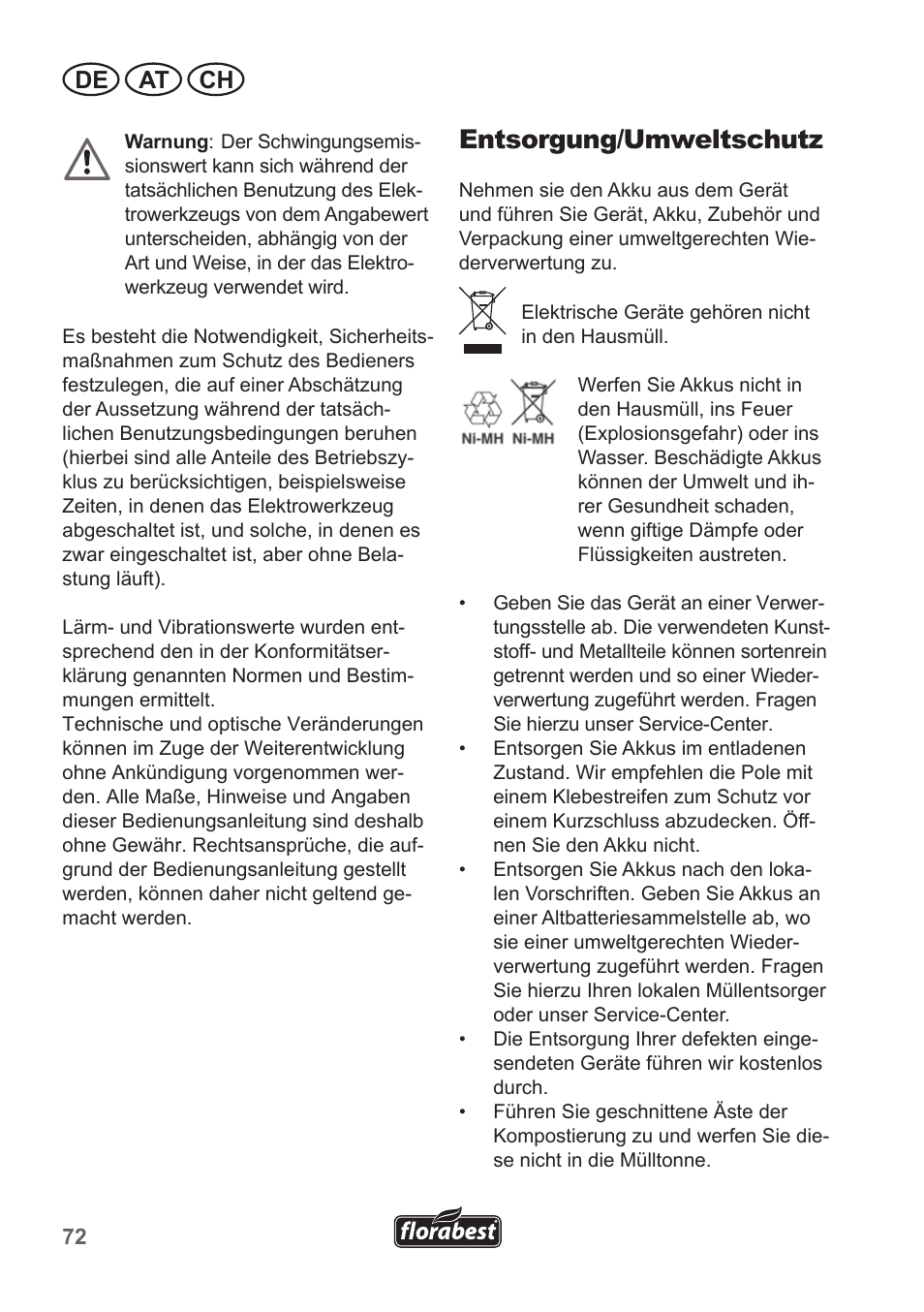 Entsorgung/umweltschutz, De at ch | Florabest FGS 10 A1 User Manual | Page 72 / 78