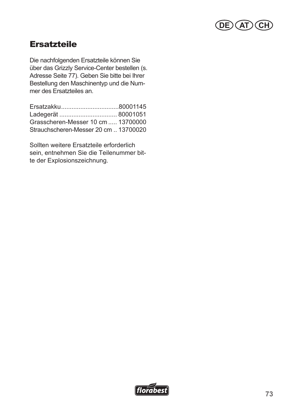 Ersatzteile, De at ch | Florabest FGS 10 A1 User Manual | Page 73 / 78