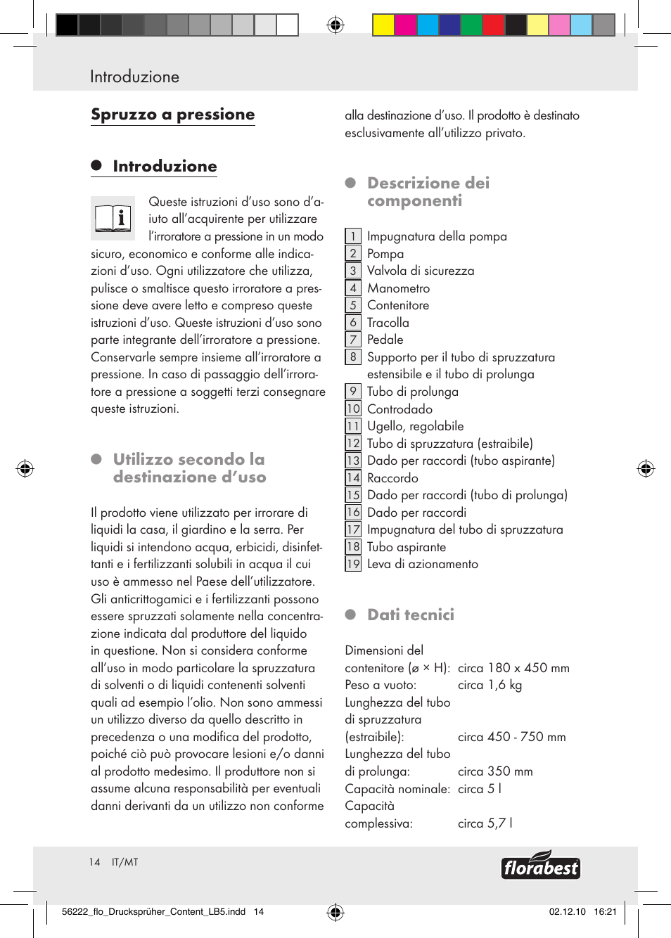 Introduzione / avvertimenti di sicurezza, Introduzione, Spruzzo a pressione | Utilizzo secondo la destinazione d’uso, Descrizione dei componenti, Dati tecnici | Florabest Z30597 User Manual | Page 12 / 39