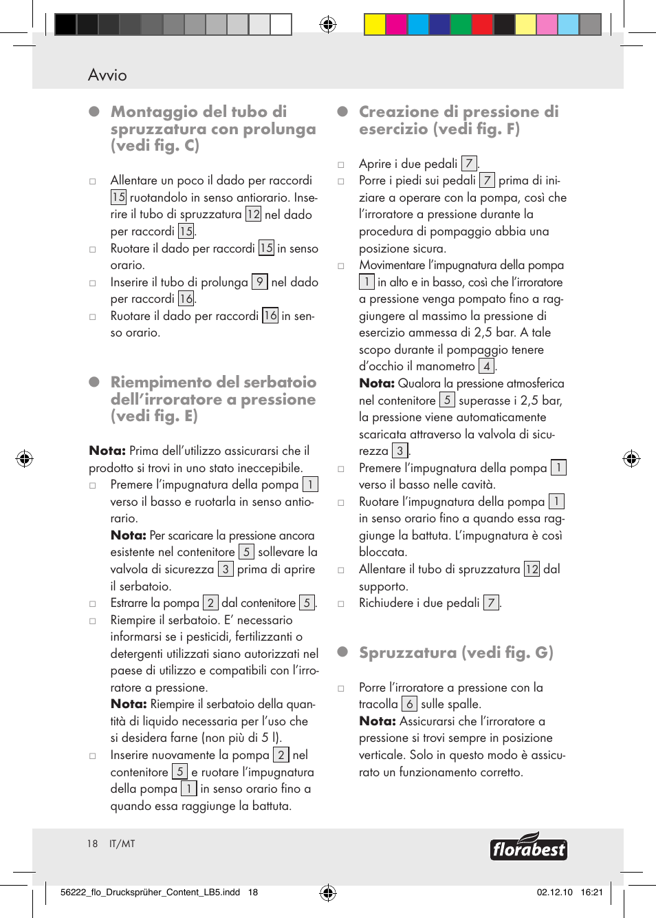 Avvio / pulizia e manutenzione, Avvio, Creazione di pressione di esercizio (vedi fig. f) | Spruzzatura (vedi fig. g) | Florabest Z30597 User Manual | Page 16 / 39