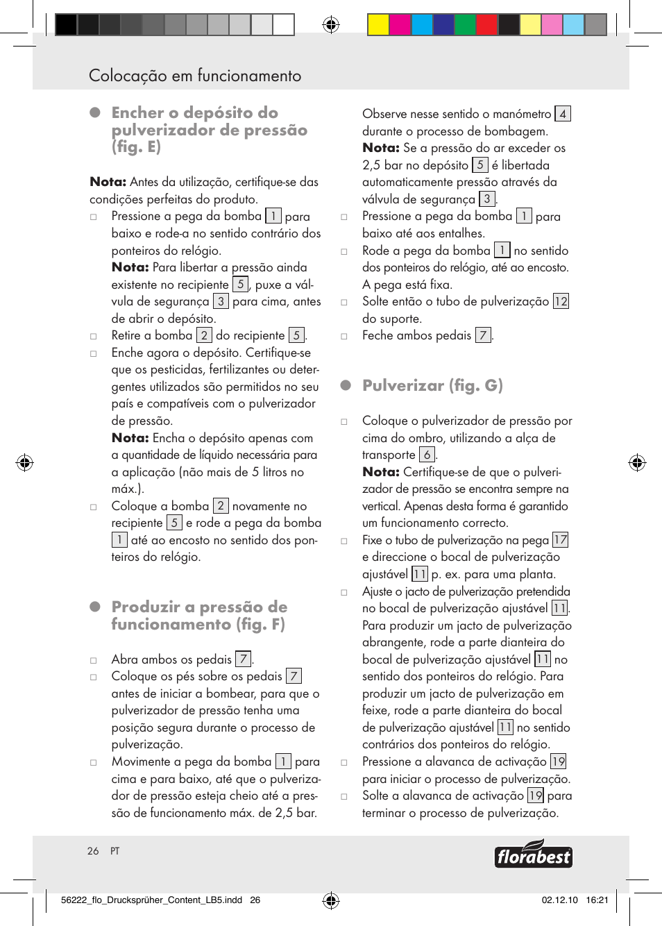Colocação em funcionamento, Produzir a pressão de funcionamento (fig. f), Pulverizar (fig. g) | Florabest Z30597 User Manual | Page 24 / 39