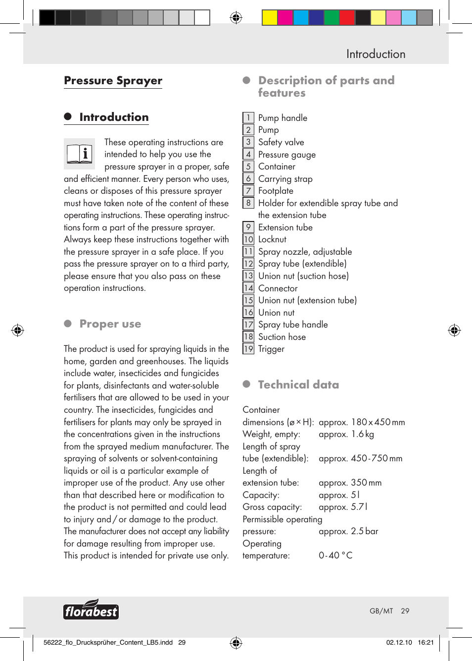 Pressure sprayer, Introduction, Proper use | Description of parts and features, Technical data | Florabest Z30597 User Manual | Page 27 / 39