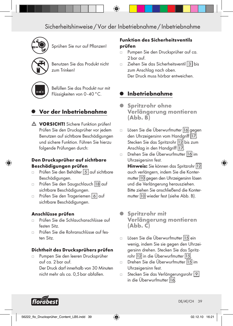 Vor der inbetriebnahme, Inbetriebnahme, Spritzrohr ohne verlängerung montieren (abb. b) | Spritzrohr mit verlängerung montieren (abb. c) | Florabest Z30597 User Manual | Page 37 / 39