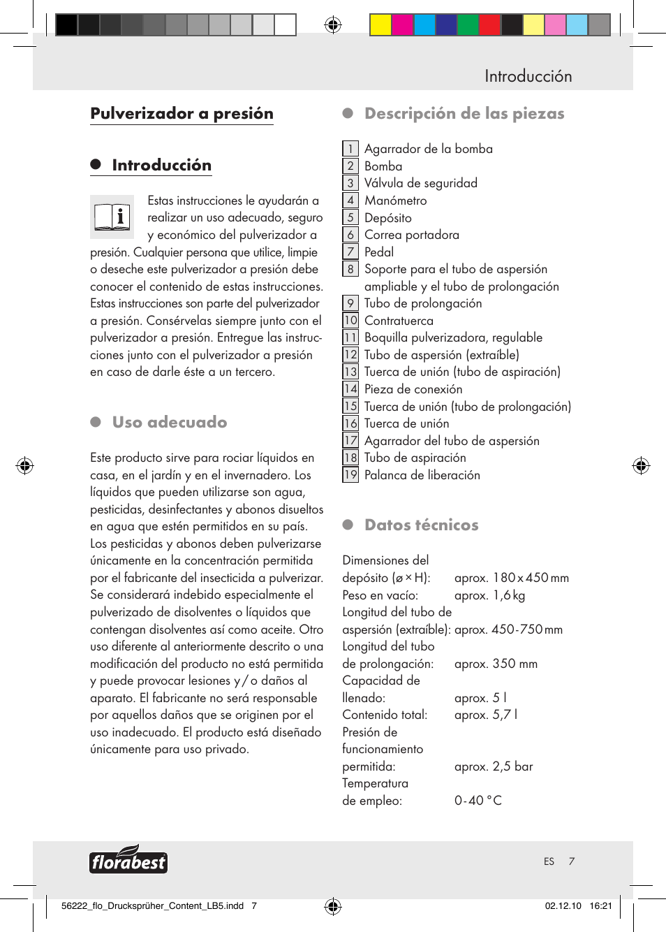 Introducción, Pulverizador a presión, Uso adecuado | Descripción de las piezas, Datos técnicos | Florabest Z30597 User Manual | Page 5 / 39