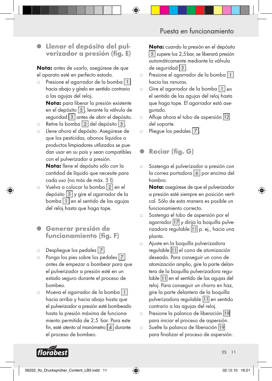 Puesta en funcionamiento, Generar presión de funcionamiento (fig. f), Rociar (fig. g) | Florabest Z30597 User Manual | Page 9 / 39