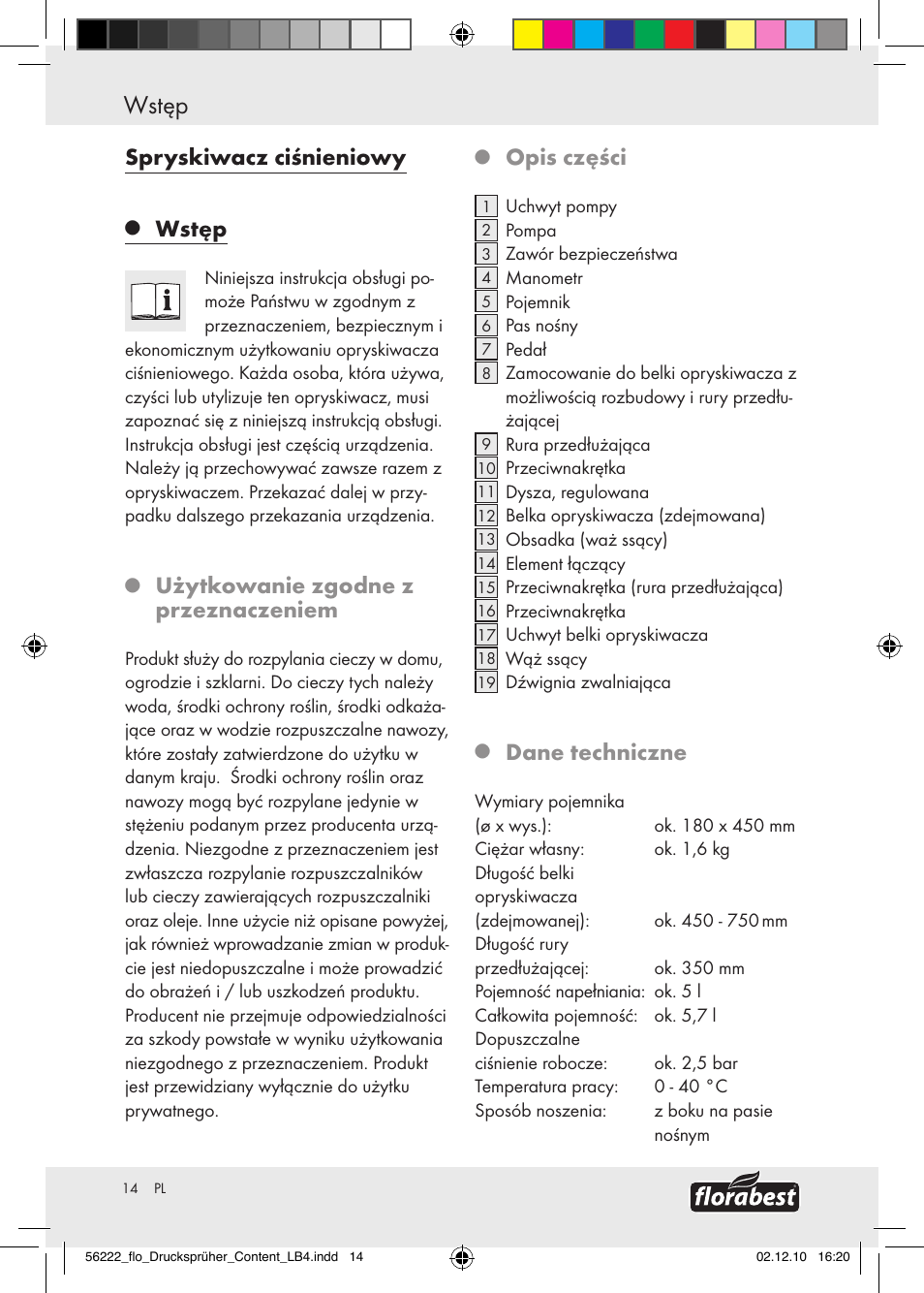 Wstęp / wskazόwki bezpieczeństwa, Wstęp, Spryskiwacz ciśnieniowy | Użytkowanie zgodne z przeznaczeniem, Opis części, Dane techniczne | Florabest Z30597 User Manual | Page 12 / 53